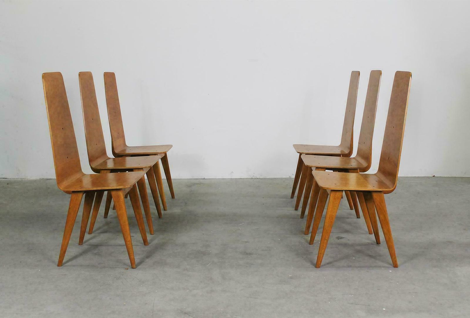 Set Of Six Dining Chairs In Wood By Sineo Gemignani Italian Manufacture 1940s photo for sale