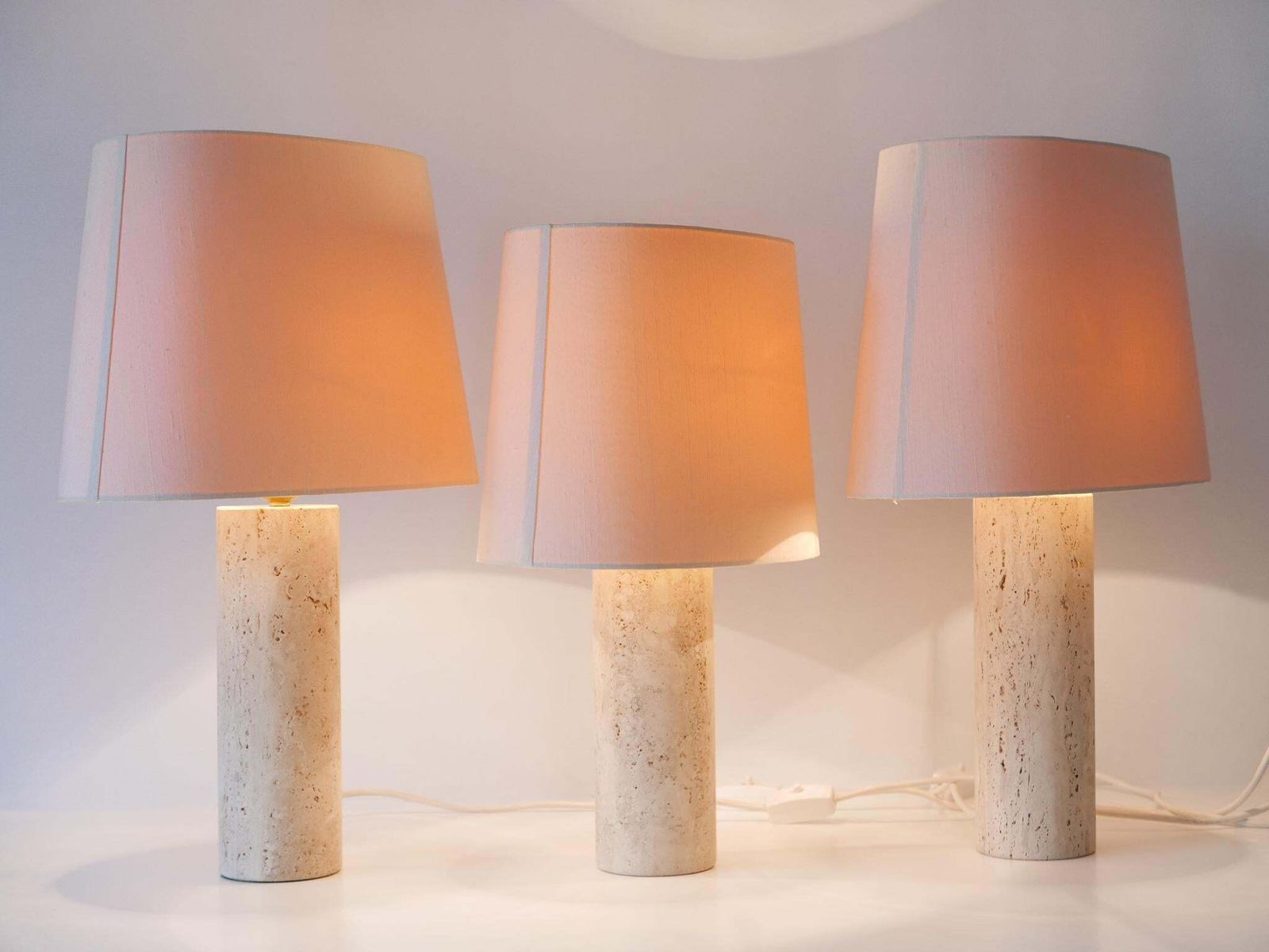 photo for sale Set Of Three Elegant Mid Century Modern Travertine Table Lamps Italy 1960s