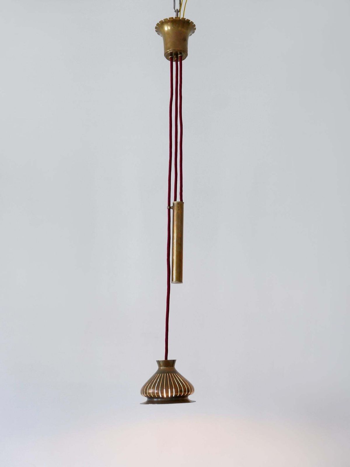 Lighting Extremely Rare Mid Century Modern Counterweight Brass Pendant Lamp Germany 1950s photo