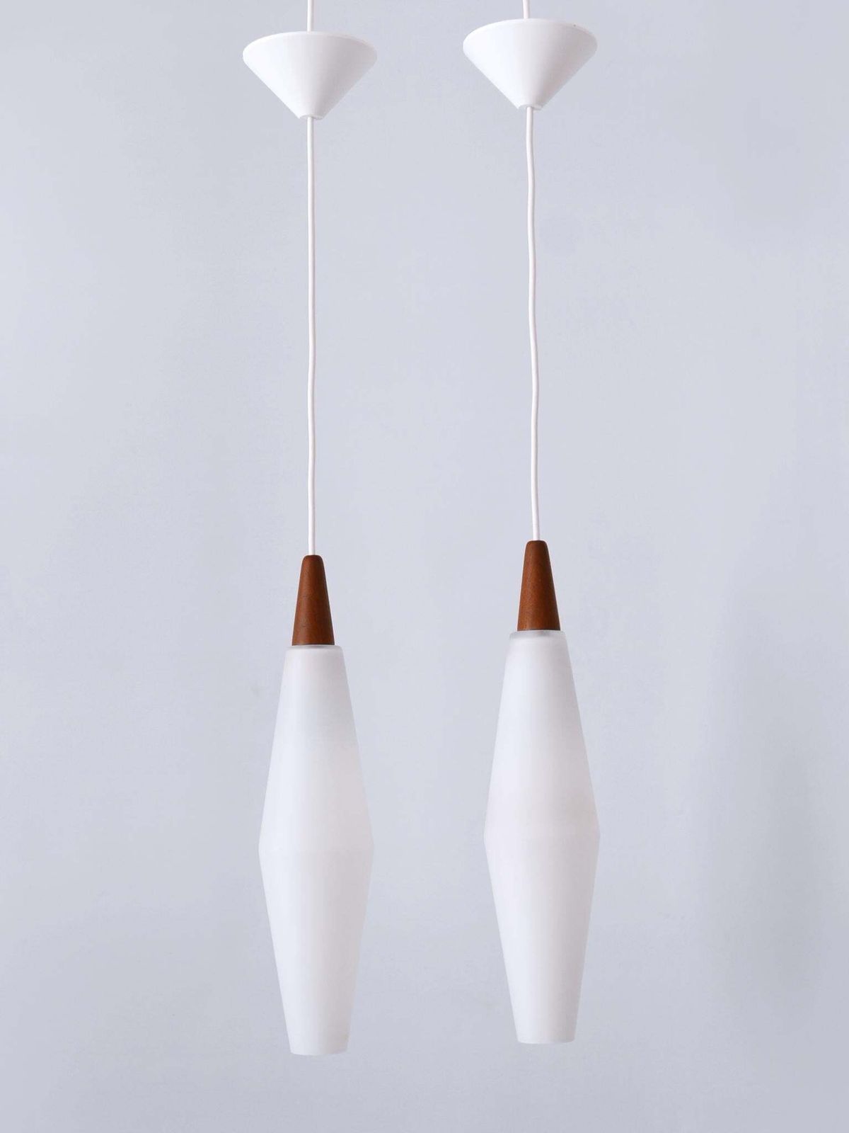 Set Of Two Elegant Scandinavian Opaline Glass & Teak Pendant Lamps 1960s photo 1593.0