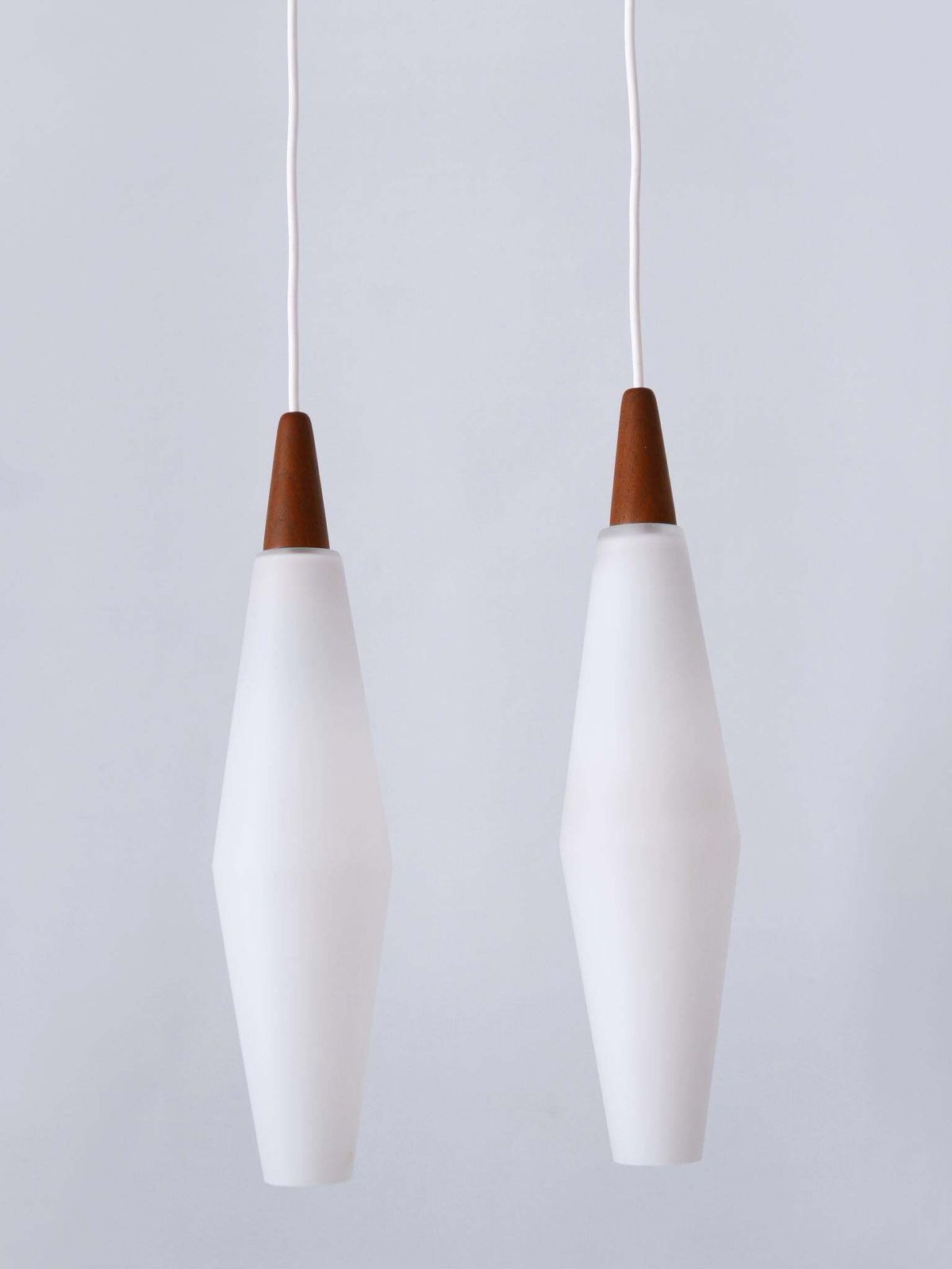 Set Of Two Elegant Scandinavian Opaline Glass & Teak Pendant Lamps 1960s photo vinterior
