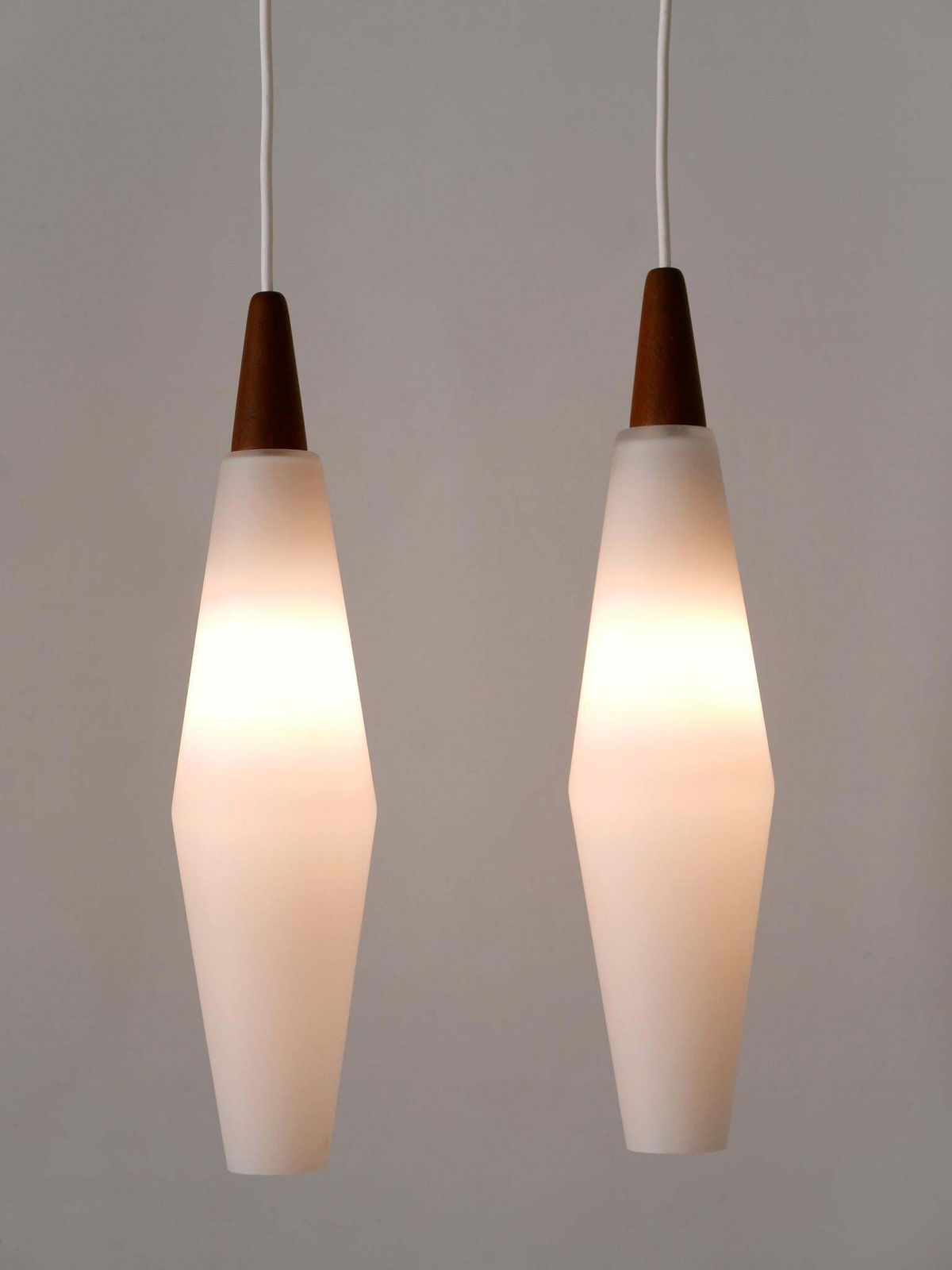 Set Of Two Elegant Scandinavian Opaline Glass & Teak Pendant Lamps 1960s photo buy