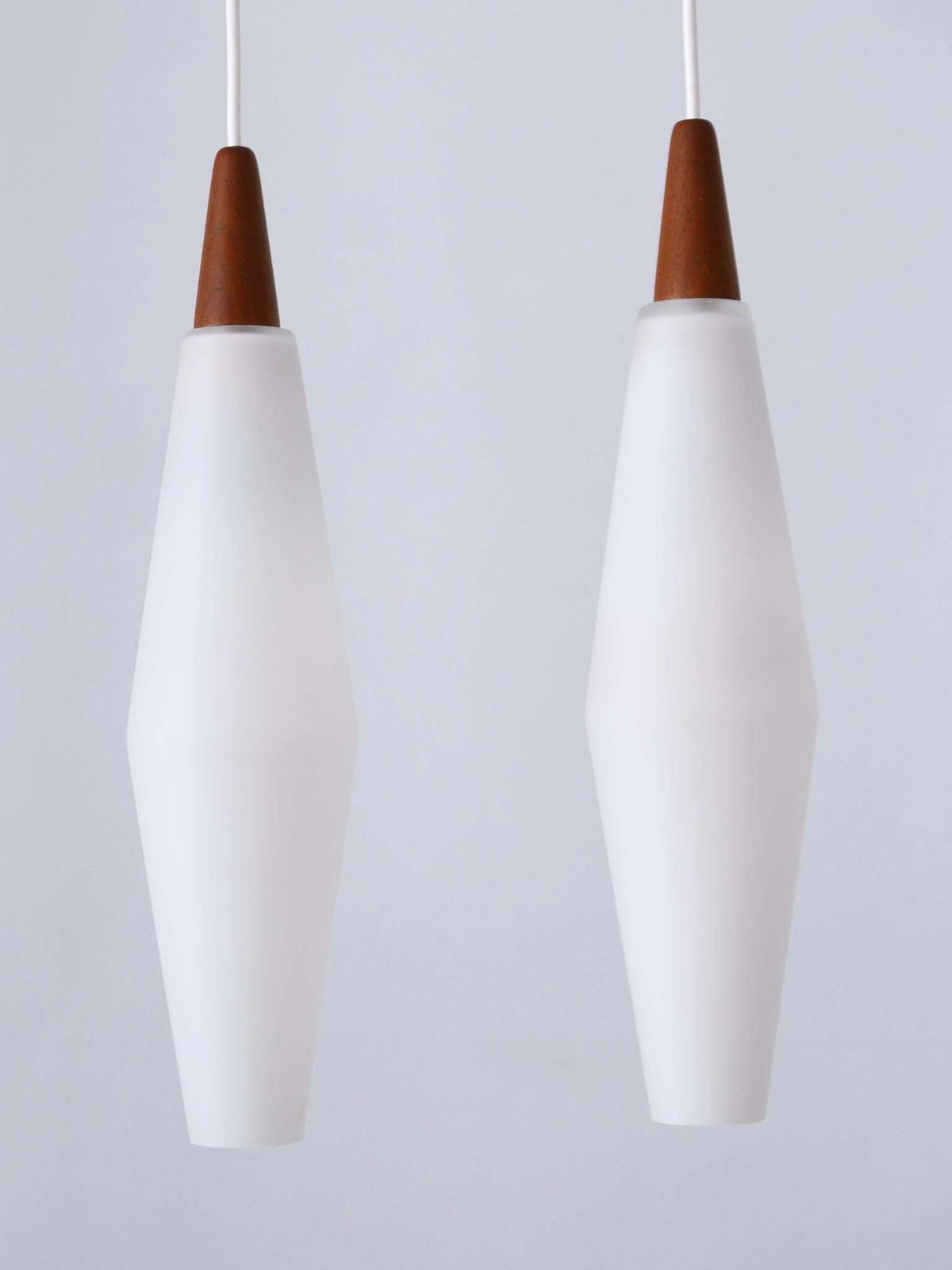 Set Of Two Elegant Scandinavian Opaline Glass & Teak Pendant Lamps 1960s photo vintage