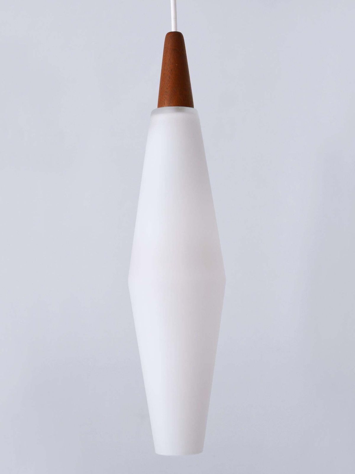 photo for sale Set Of Two Elegant Scandinavian Opaline Glass & Teak Pendant Lamps 1960s