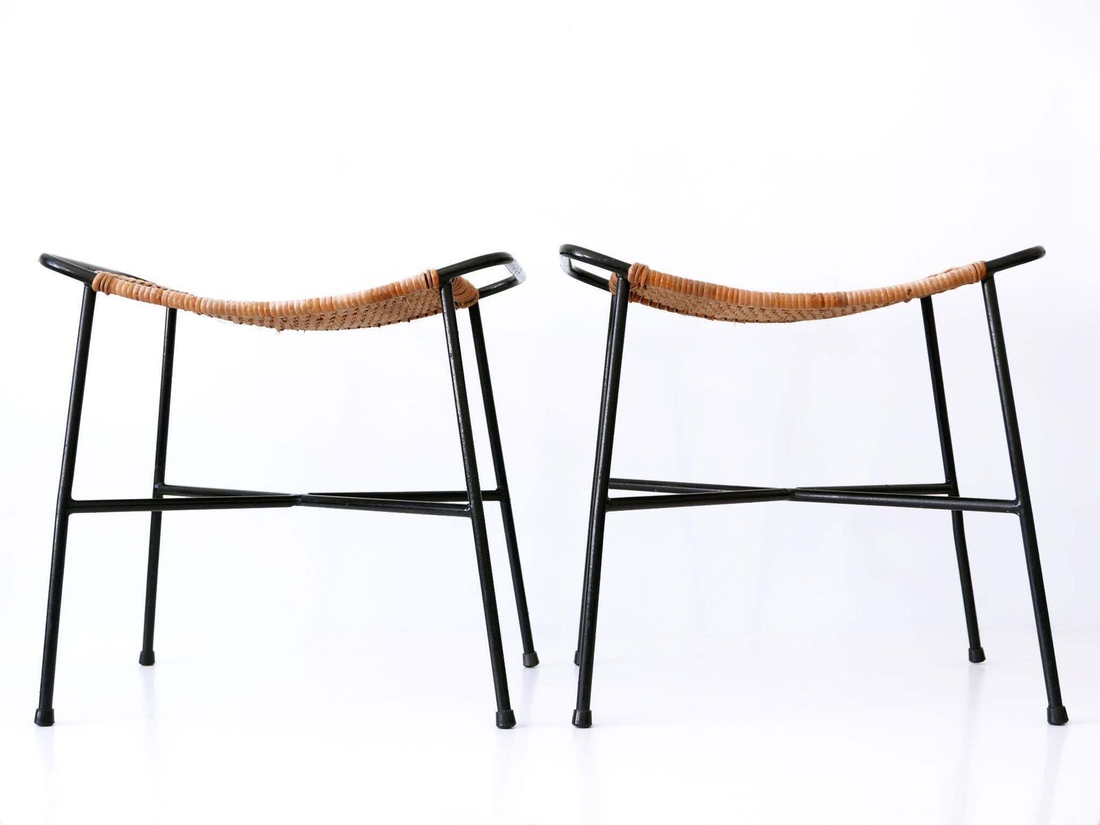 Set Of Two Lovely Mid Century Modern Rattan Stools Germany 1960s photo vinterior