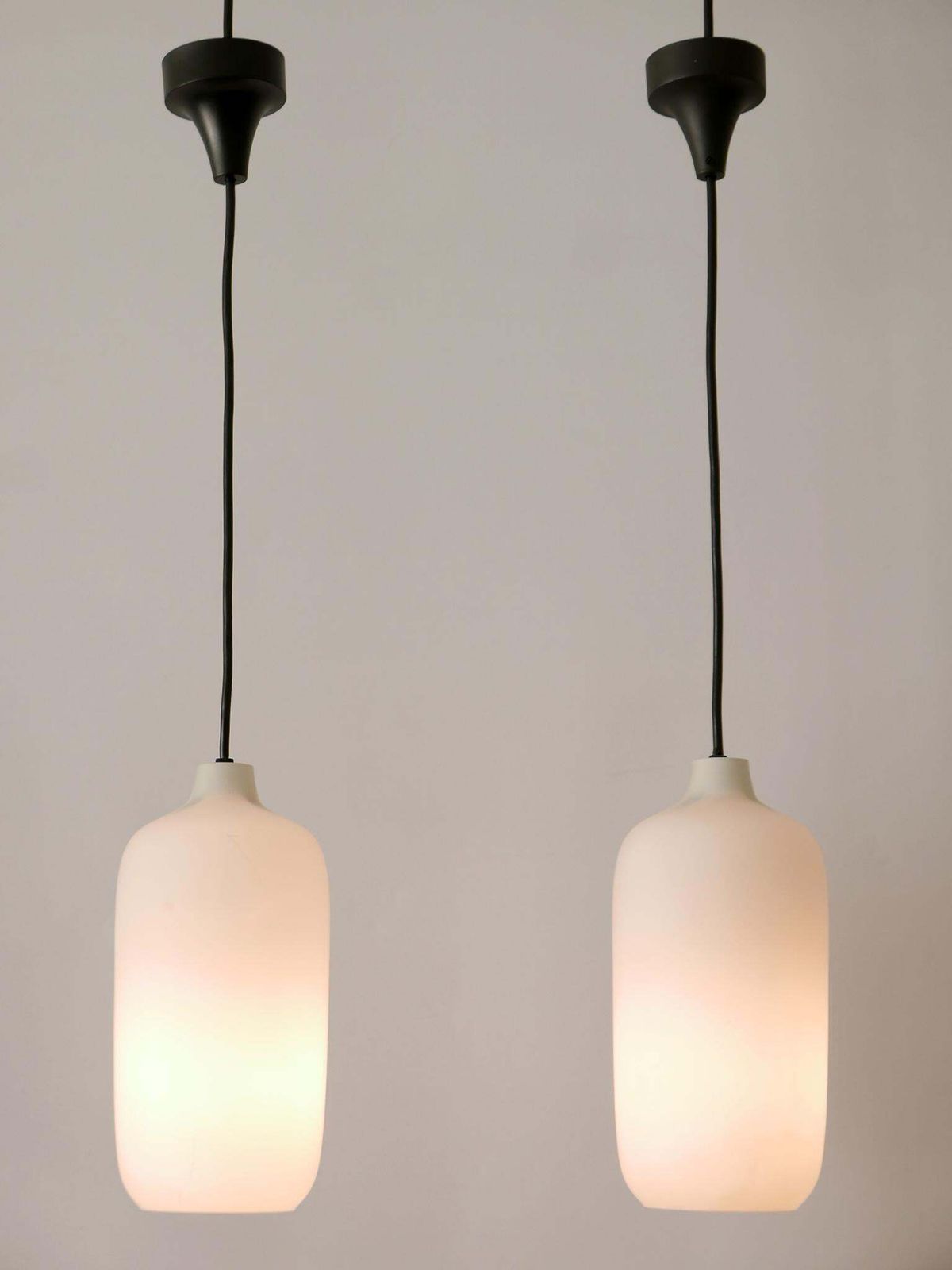 Set Of Two Elegant Scandinavian Opaline Glass Pendant Lamps 1960s photo furniture