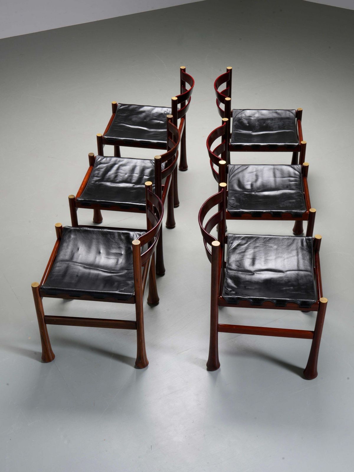 photo for sale Set Of 6 Dining Chairs By Luciano Frigerio In Wood And Leather, Italy, 1970's