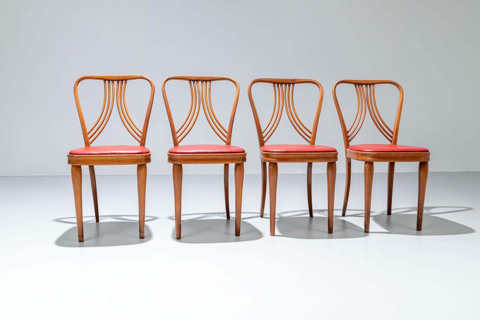 Set Of 4 Diningroom Chairs In Blond Wood And Red Faux Leather, Italy, 1950's photo furniture