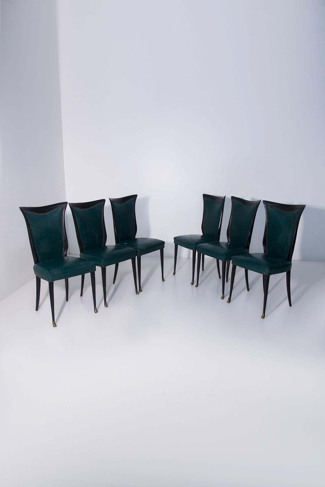 Elegant Set Of Six Italian Made Chairs In Green Leather photo for sale