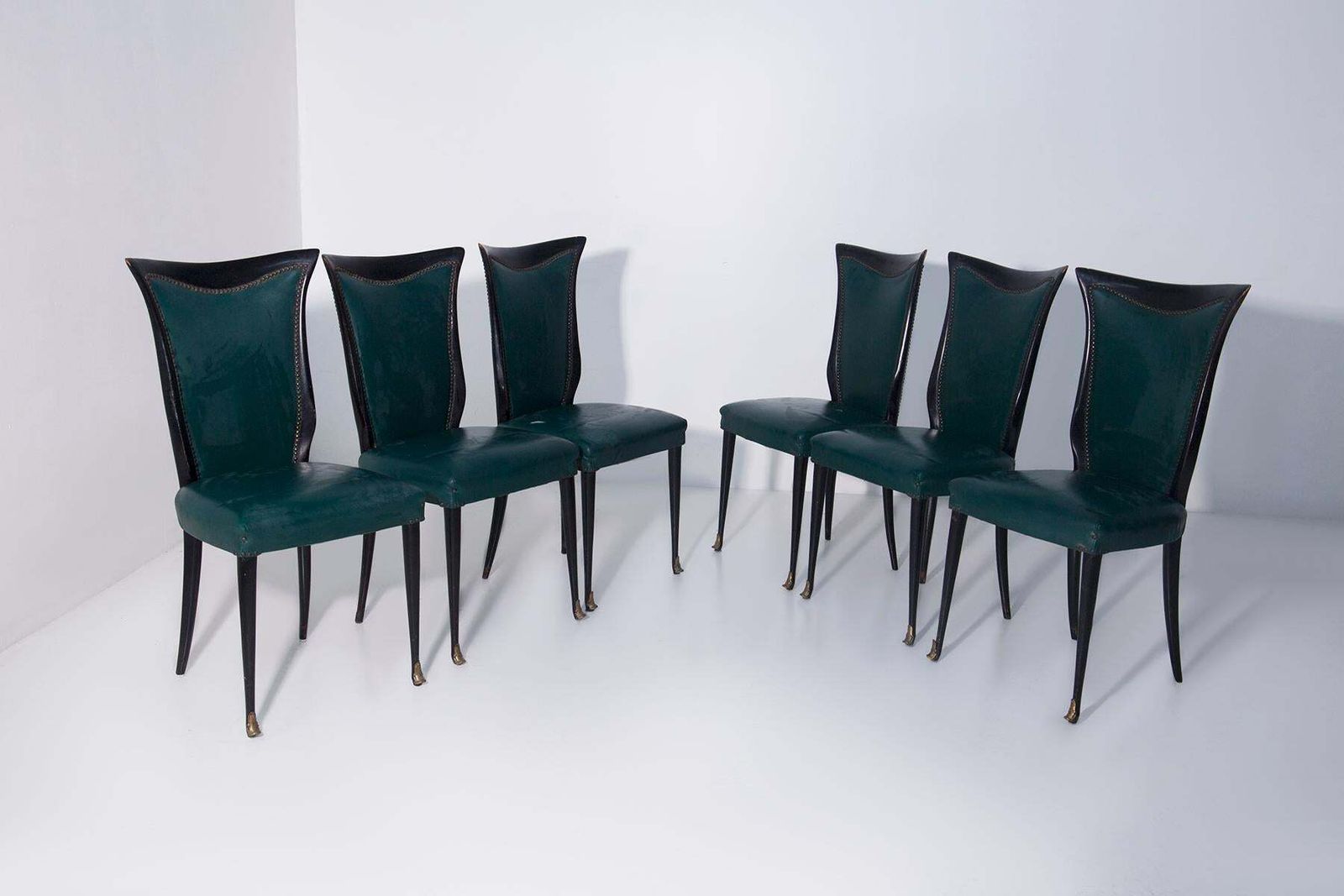 Elegant Set Of Six Italian Made Chairs In Green Leather photo Furniture