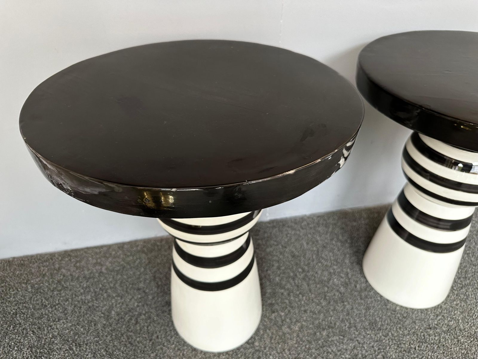 Contemporary Pair Of Black And White Ceramic Stripe Side Tables. Italy photo vinterior