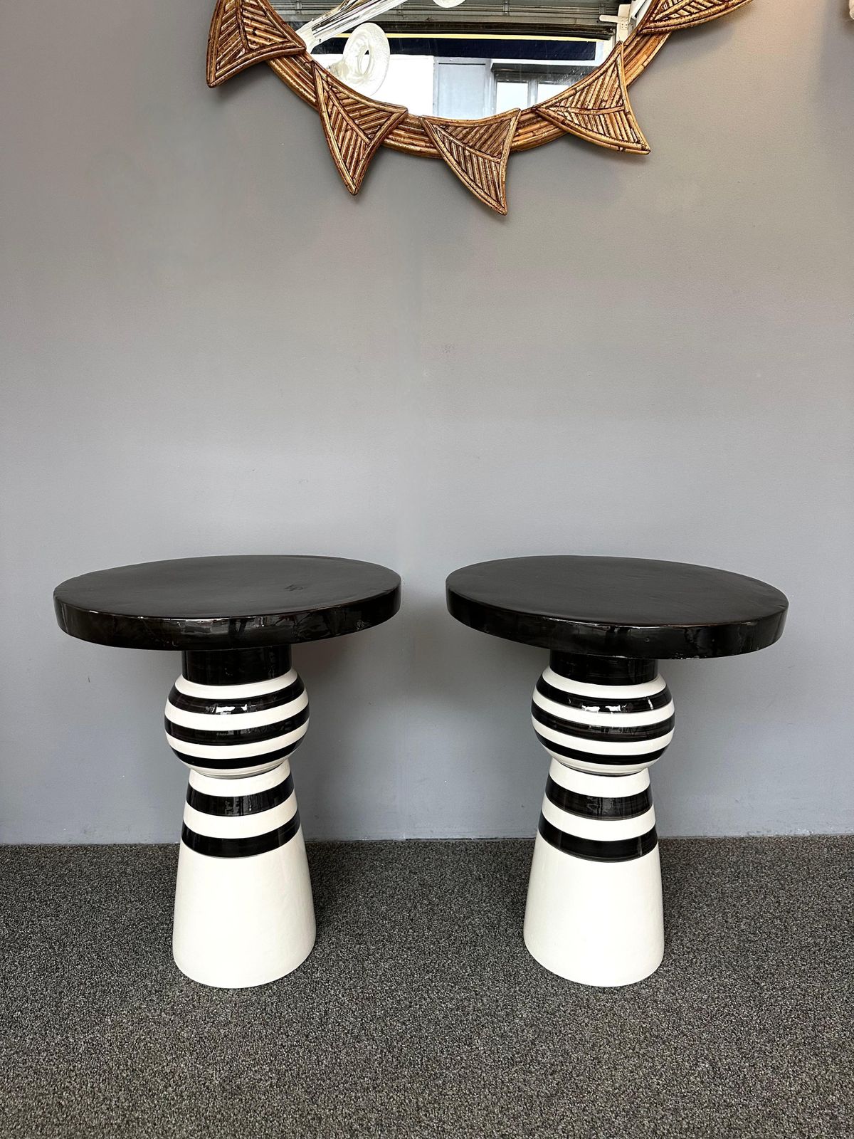Contemporary Pair Of Black And White Ceramic Stripe Side Tables. Italy photo vintage