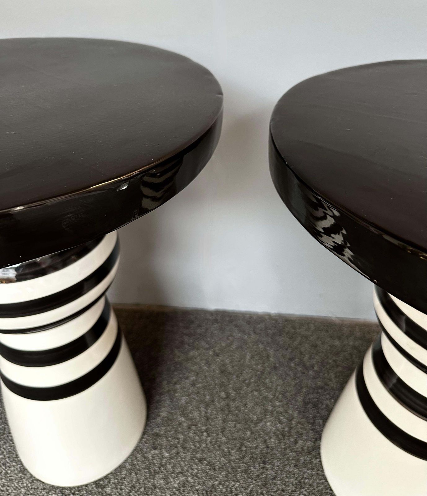 3274.0 Contemporary Pair Of Black And White Ceramic Stripe Side Tables. Italy photo