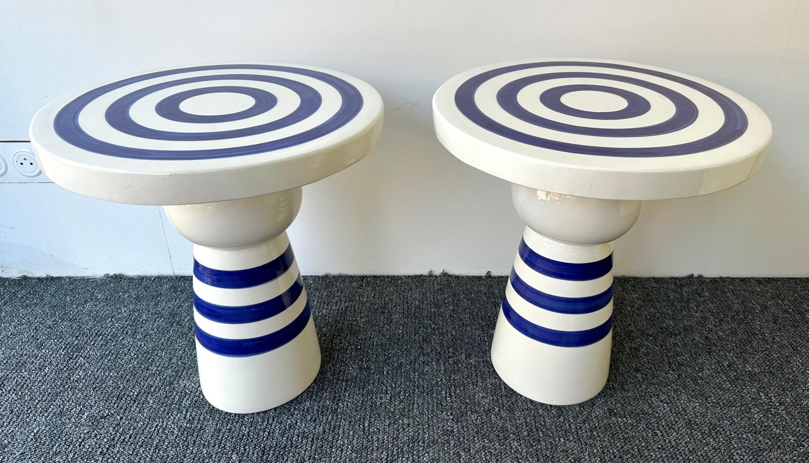 Contemporary Pair Of Blue And White Ceramic Stripe Side Tables. Italy photo furniture