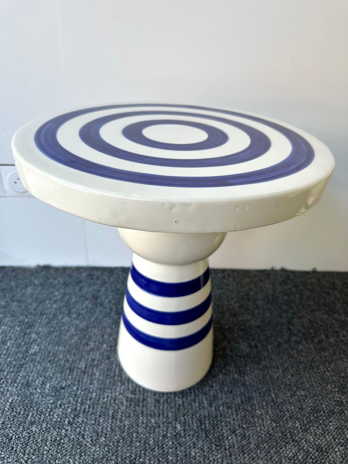 Contemporary Pair Of Blue And White Ceramic Stripe Side Tables. Italy photo 3274.0