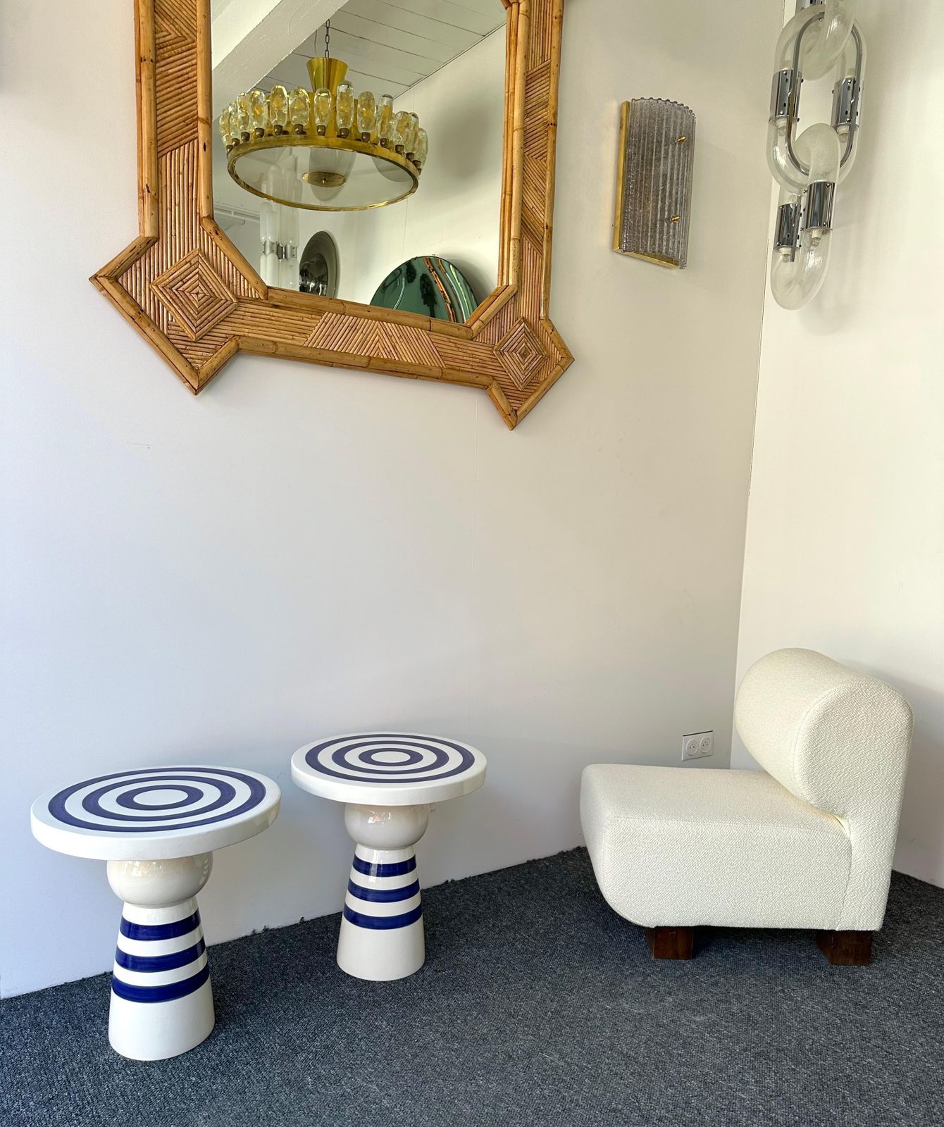 3274.0 Contemporary Pair Of Blue And White Ceramic Stripe Side Tables. Italy photo