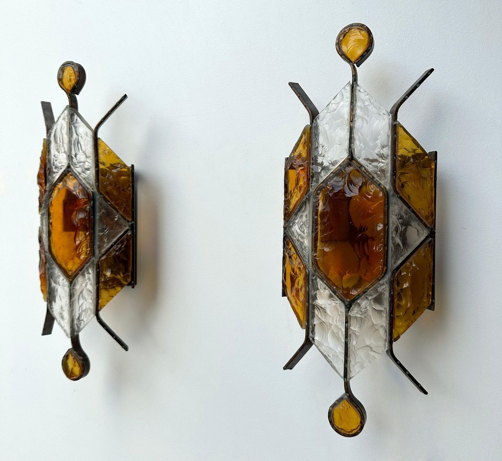 photo furniture Pair Of Hammered Glass Wrought Iron Sconces By Longobard, Italy, 1970s