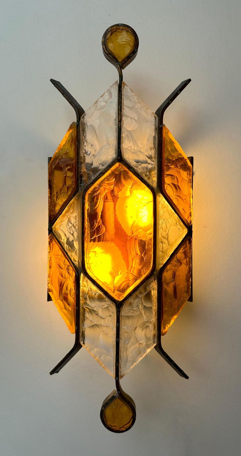 photo for sale Pair Of Hammered Glass Wrought Iron Sconces By Longobard, Italy, 1970s