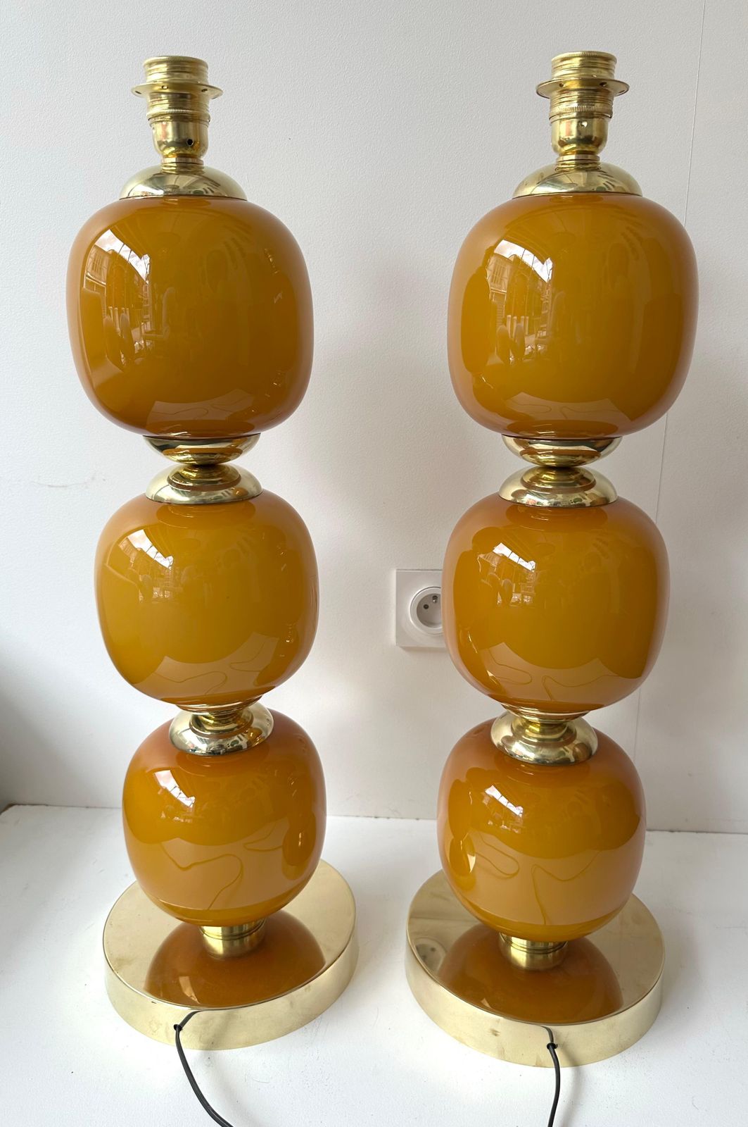 photo furniture Contemporary Pair Of Brass And Orange Murano Glass Bulbs Lamps, Italy