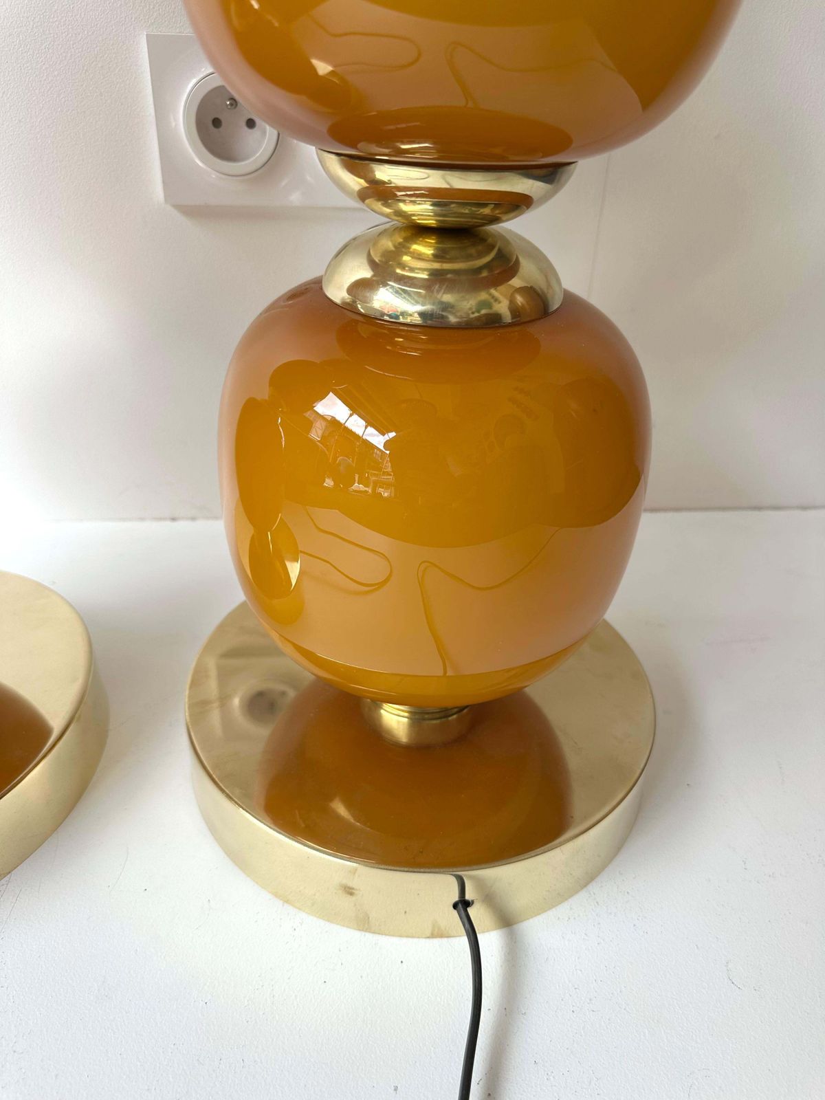 4333.0 Contemporary Pair Of Brass And Orange Murano Glass Bulbs Lamps, Italy photo