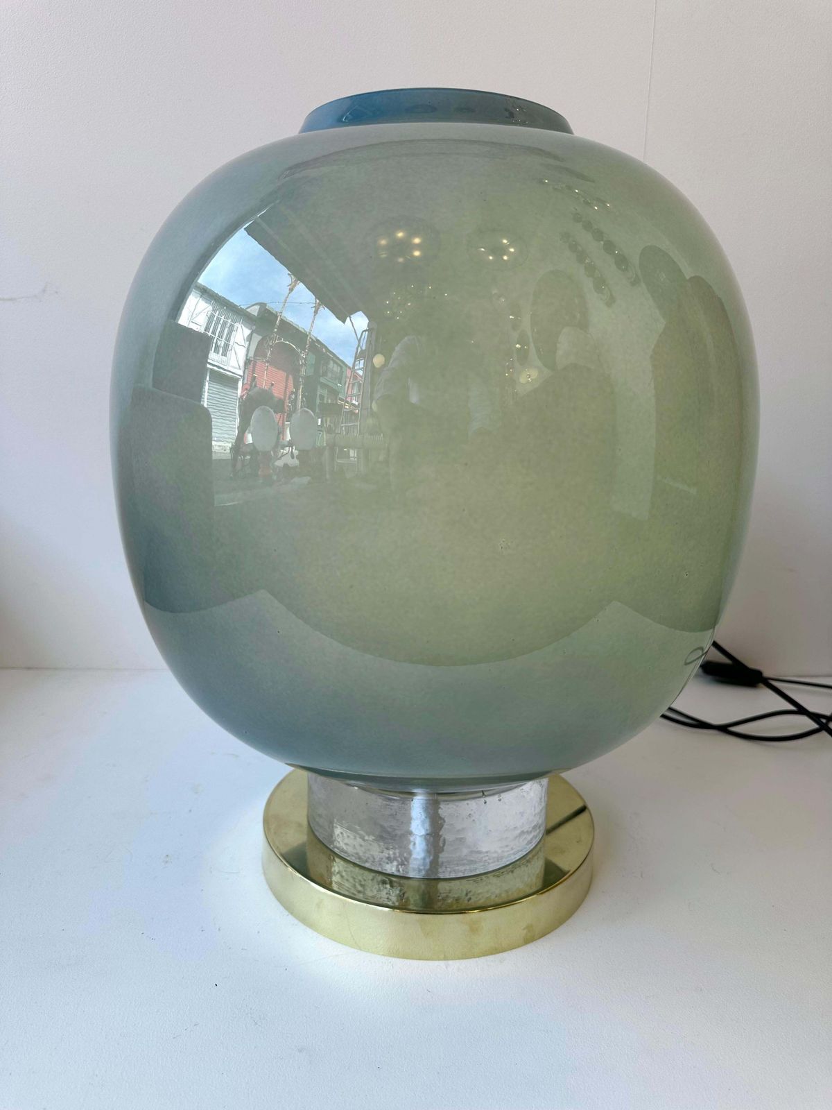 Contemporary Pair Of Brass And Blue Murano Glass Bulb Lamps, Italy photo 4333.0