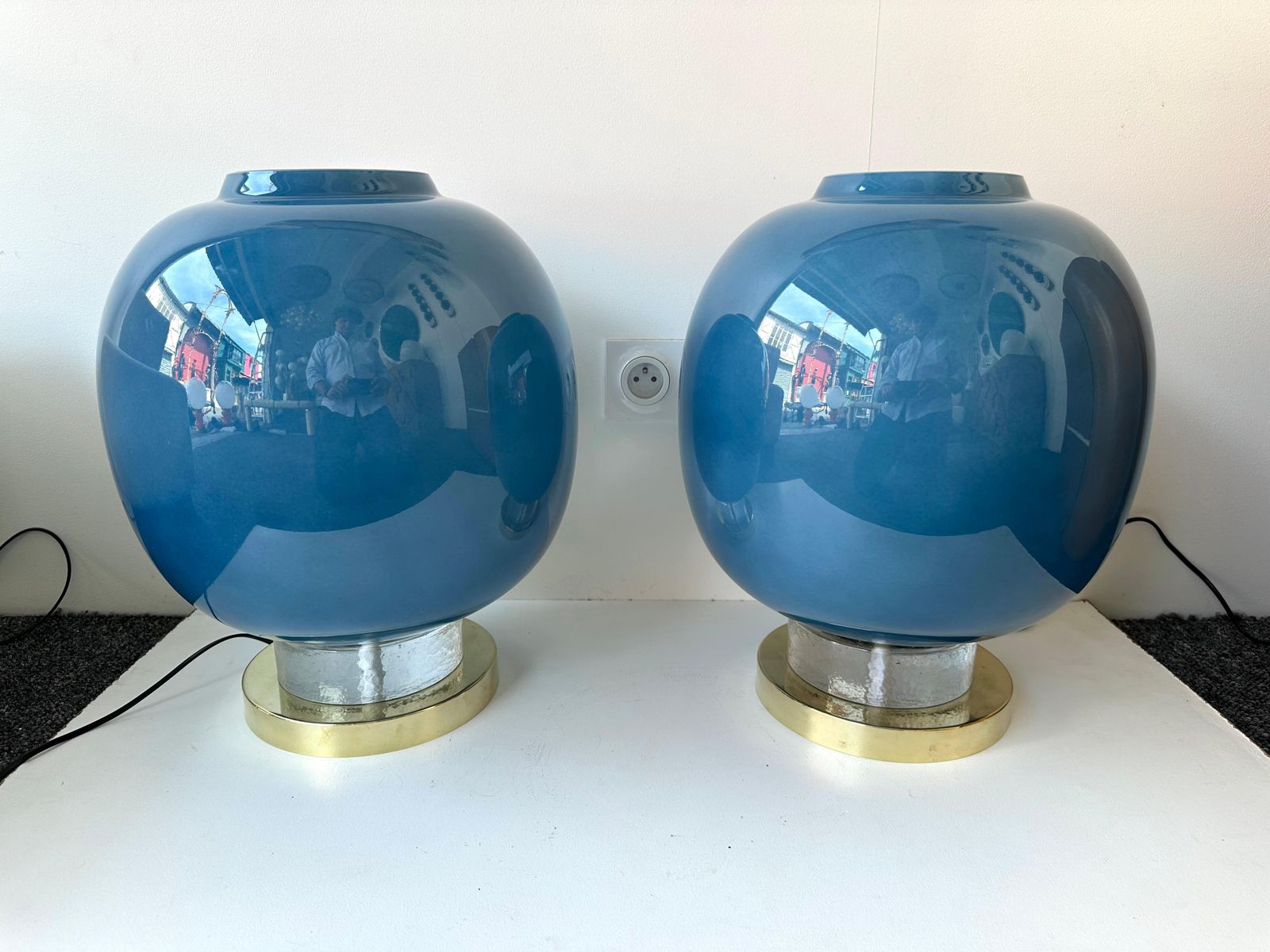 4333.0 Contemporary Pair Of Brass And Blue Murano Glass Bulb Lamps, Italy photo