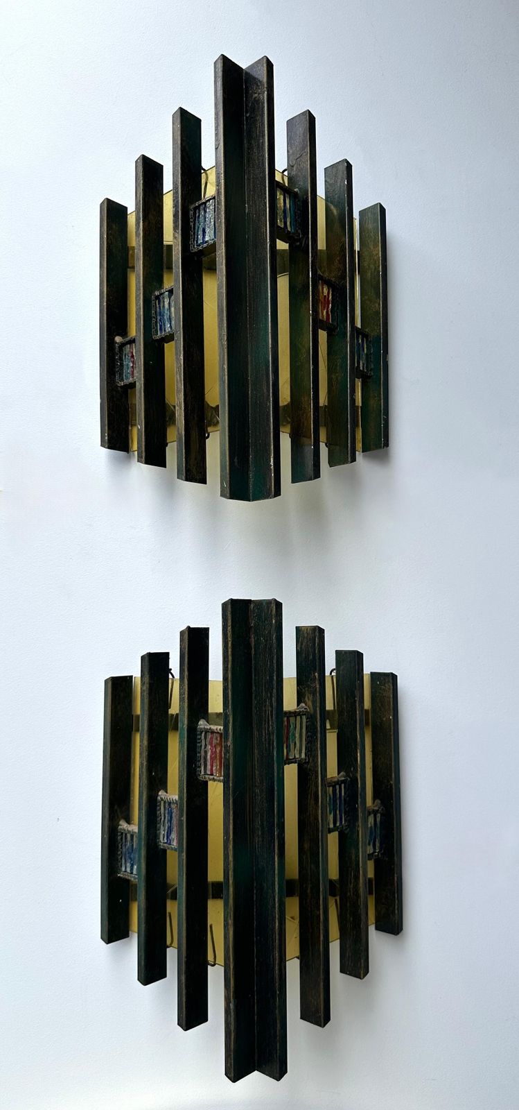 Lighting Pair Of Hammered Glass Gilt Iron Sconces By Biancardi, Italy, 1970s photo