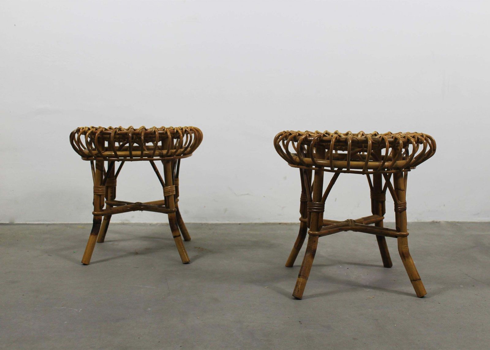 Franco Albini Set Of Two Stools In Rattan And Bamboo Italian Manufacture 1960s photo vinterior