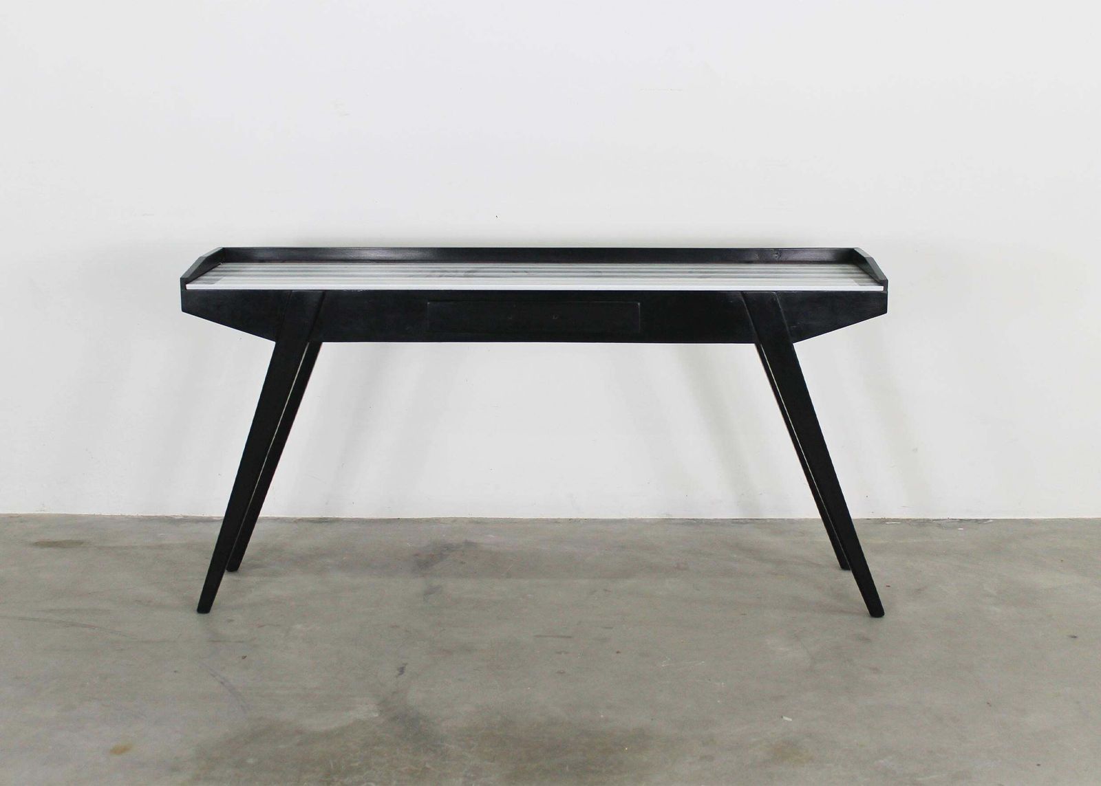 Mid Century Modern Console Table In Black Lacquered Wood And Marble 1950s photo for sale