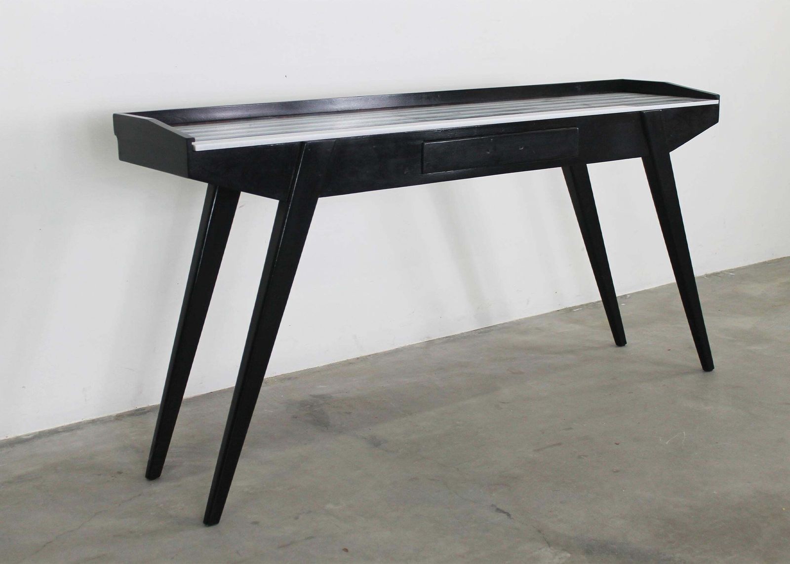 Mid Century Modern Console Table In Black Lacquered Wood And Marble 1950s photo vinterior
