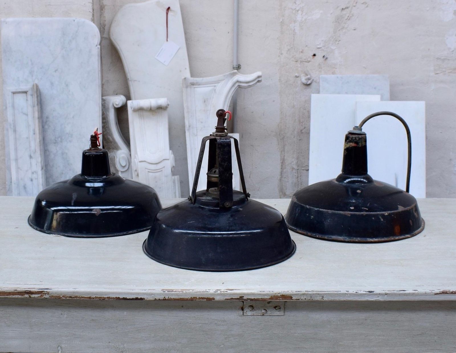 A Set Of Industrial Black Enamel Hanging Lamps Circa 1940s photo furniture