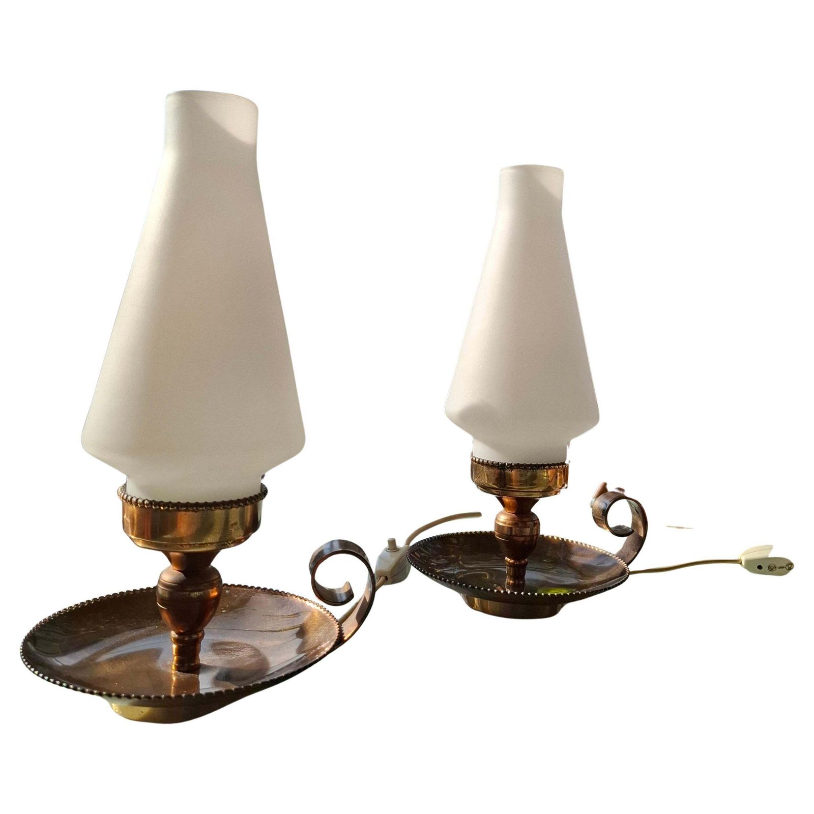 Stilnovo Coppia Lampade Da Tavolo Firmate Ottone E Vetro Opale 1950 Italy
