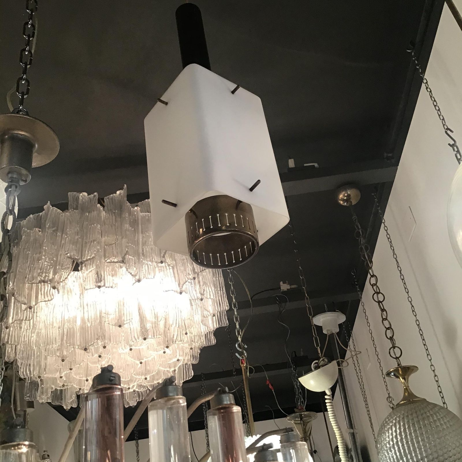 Stilnovo Chandelier Brass Opaline Glass 1950 Italy photo for sale