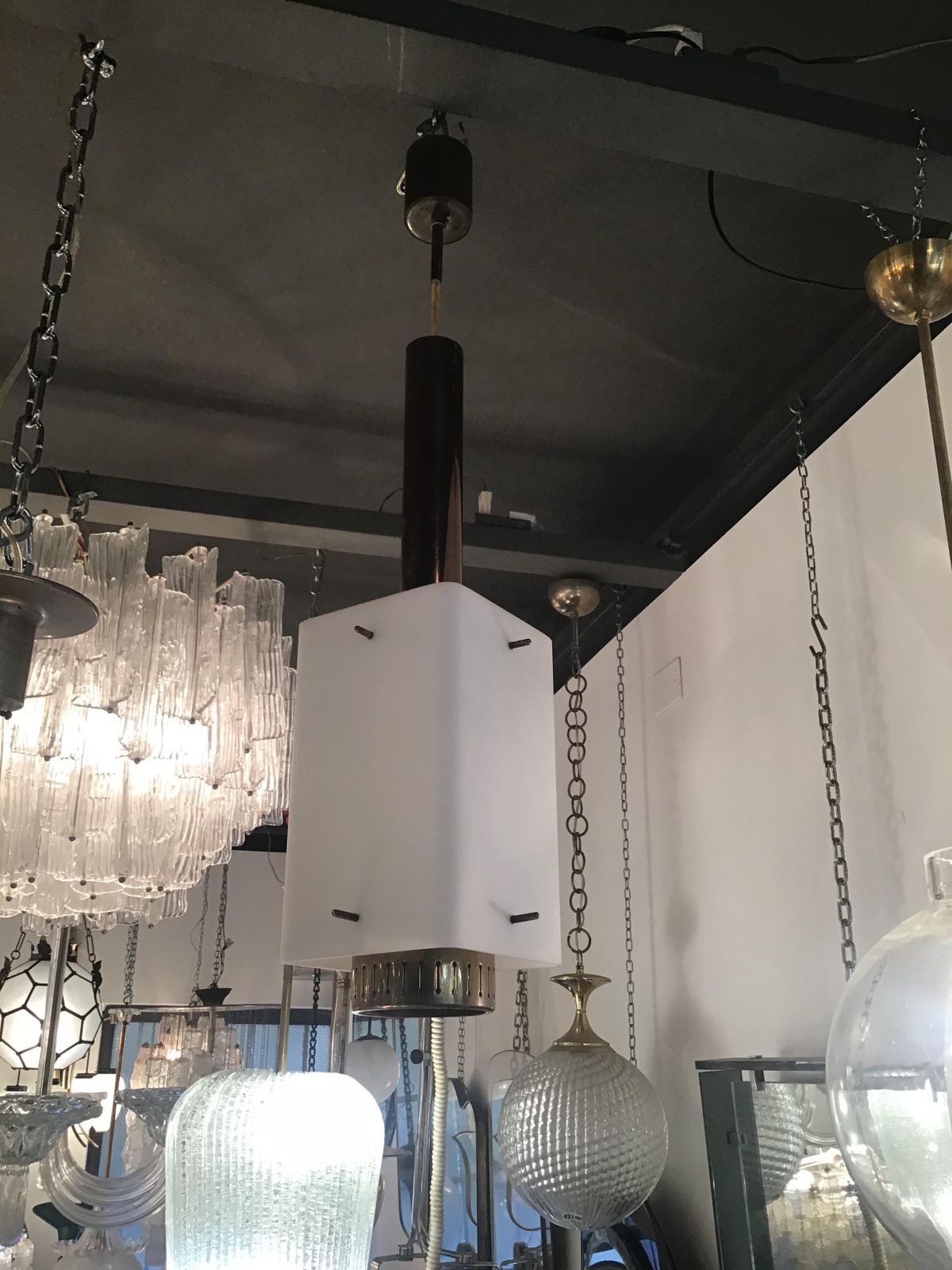 photo furniture Stilnovo Chandelier Brass Opaline Glass 1950 Italy