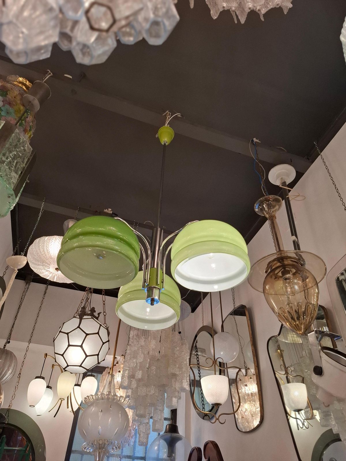 Stilnovo Chandelier N Tre Luci Vetro Incamiciato Metallo Cromato 1960 Italia photo for sale