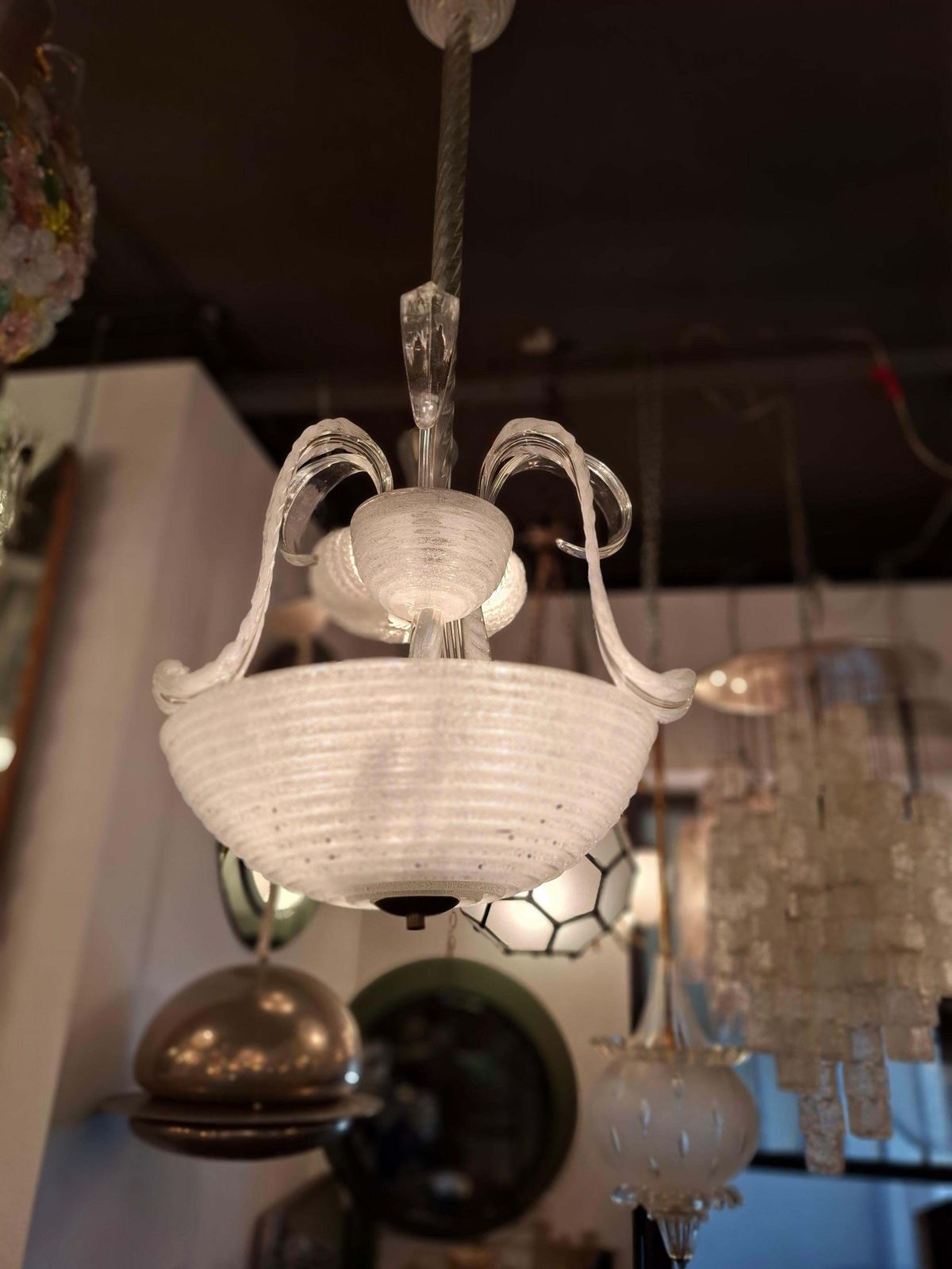 photo vintage Barovier E Toso Chandelier Vetro Pulegoso Ottone 1940 Italia