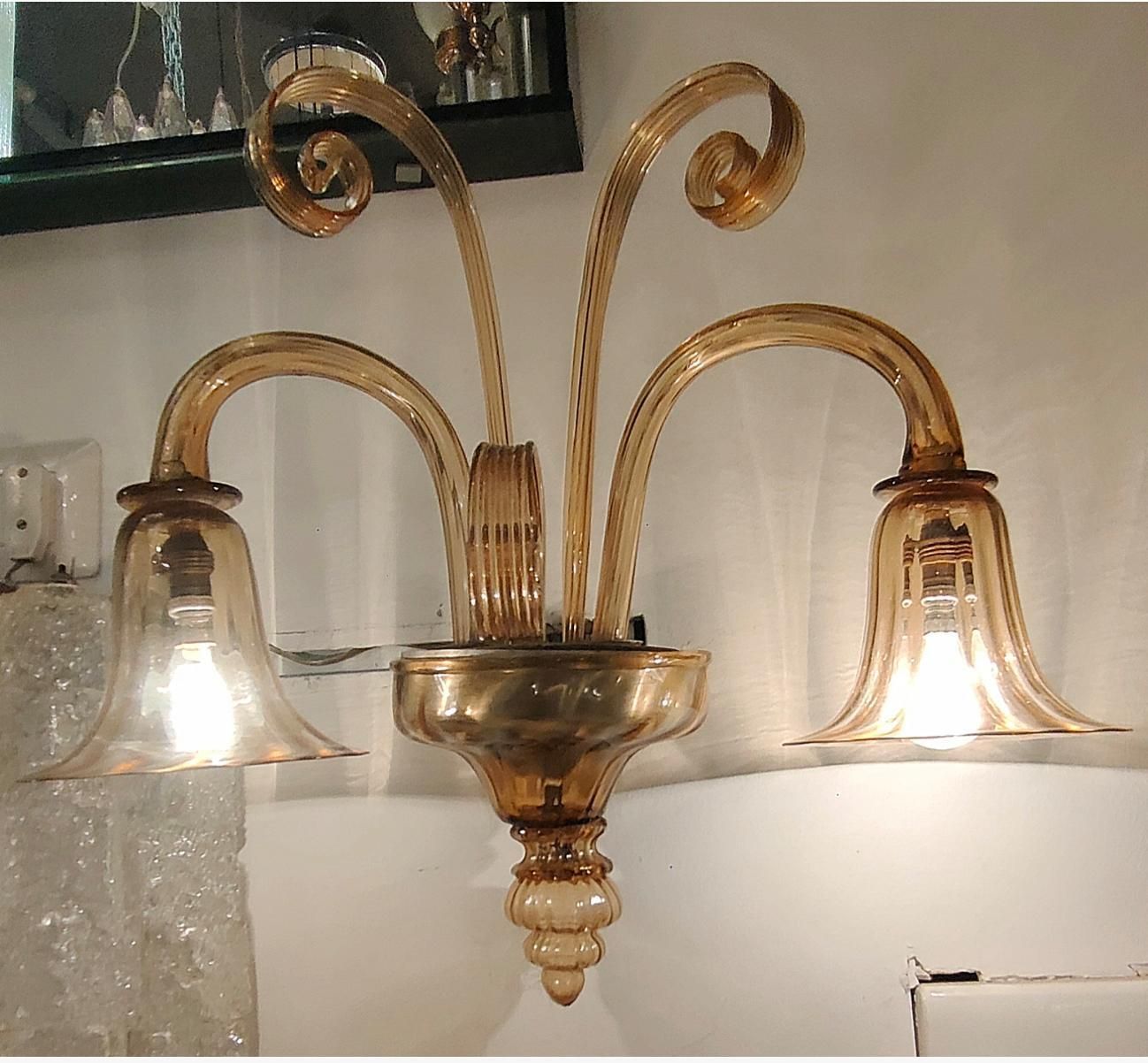 Venini   Coppia Di Apliques A 2 Luci In Vetro Di Murano   Italia 1930. photo 3451.0