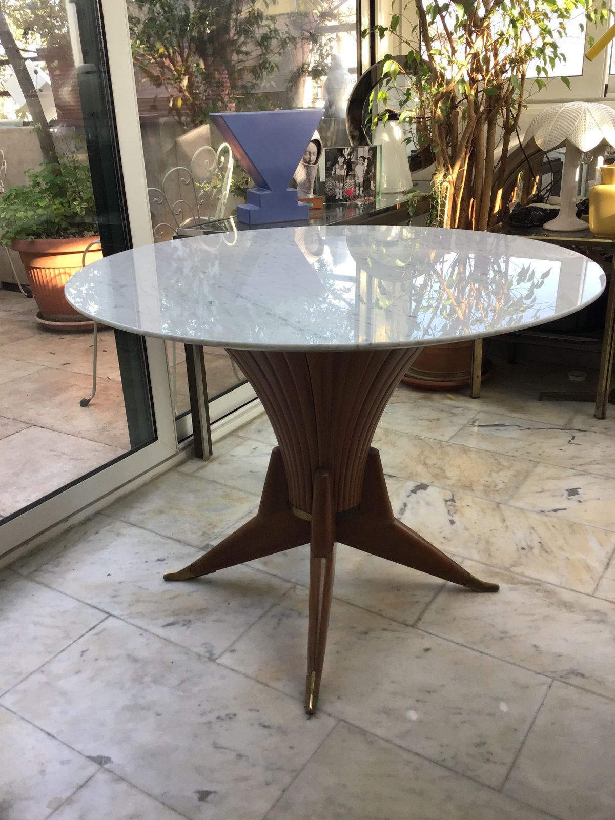 Dining Table Wood Marble Brass Style Of Ico Parisi 1950 Italy photo vintage