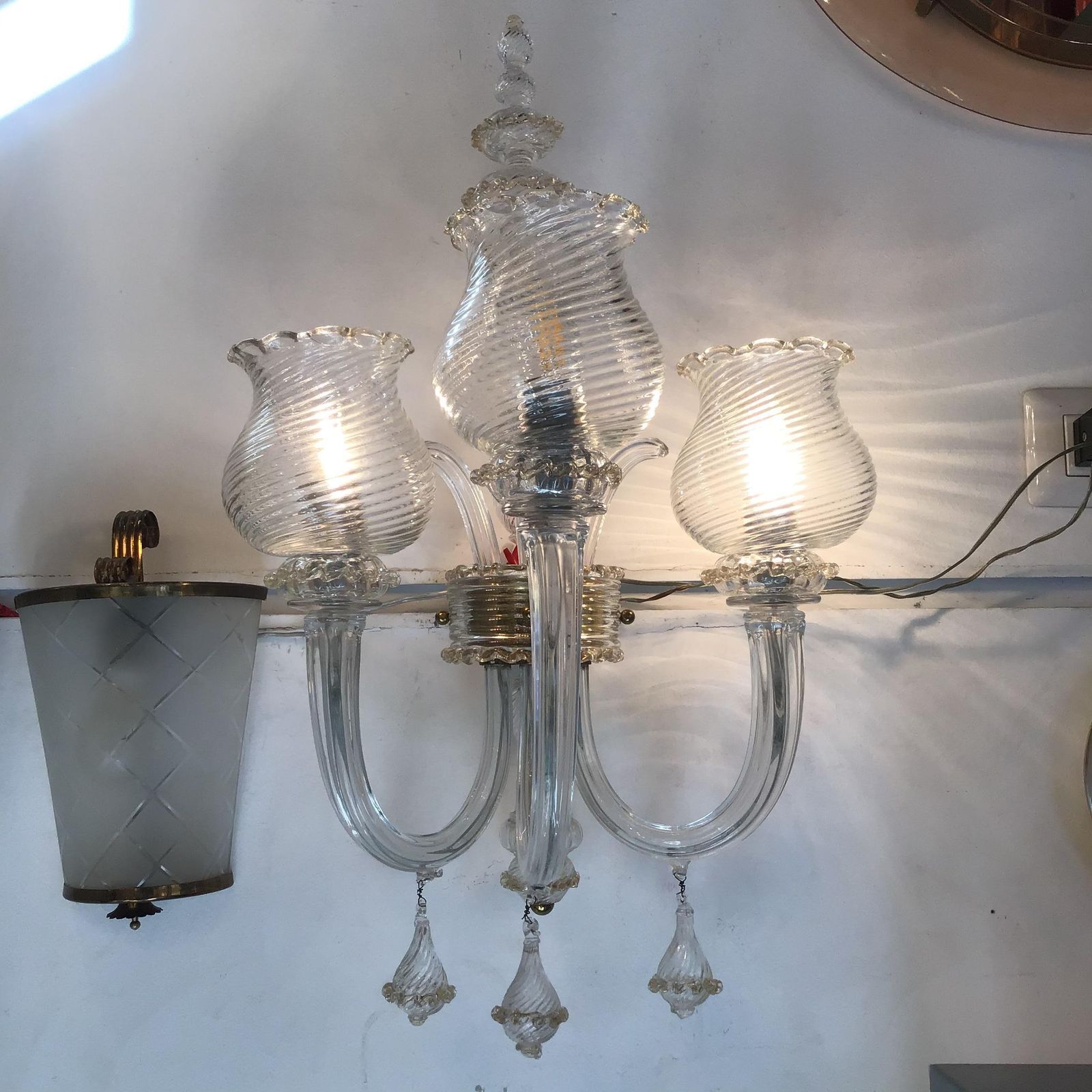 Seguso Coppia Appliques Murano Glass Gold Brass 1945 Italy photo for sale