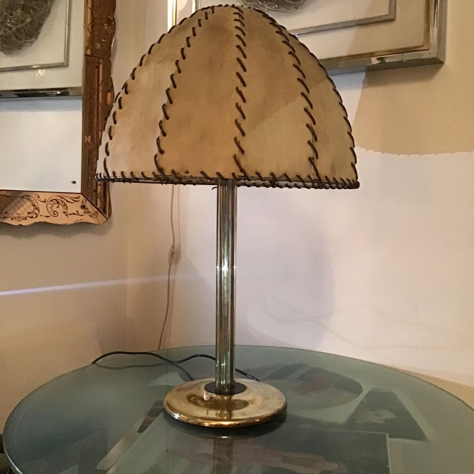 photo for sale Fontana Arte Max Ingrand Table Lamp Brass Glass Wood Lampshade 1940 Italy
