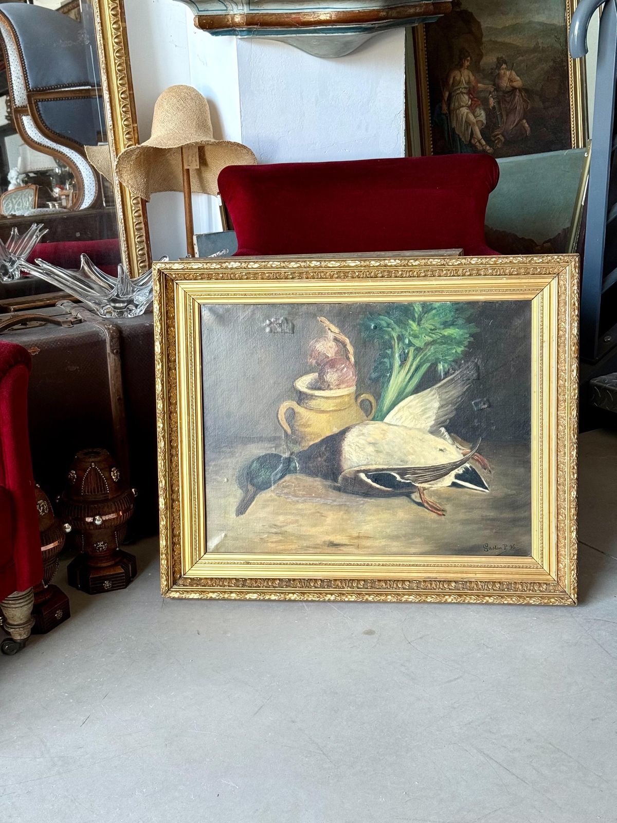 French 19th Century Still Life With Mallard, Vegetables & Earthenware photo furniture