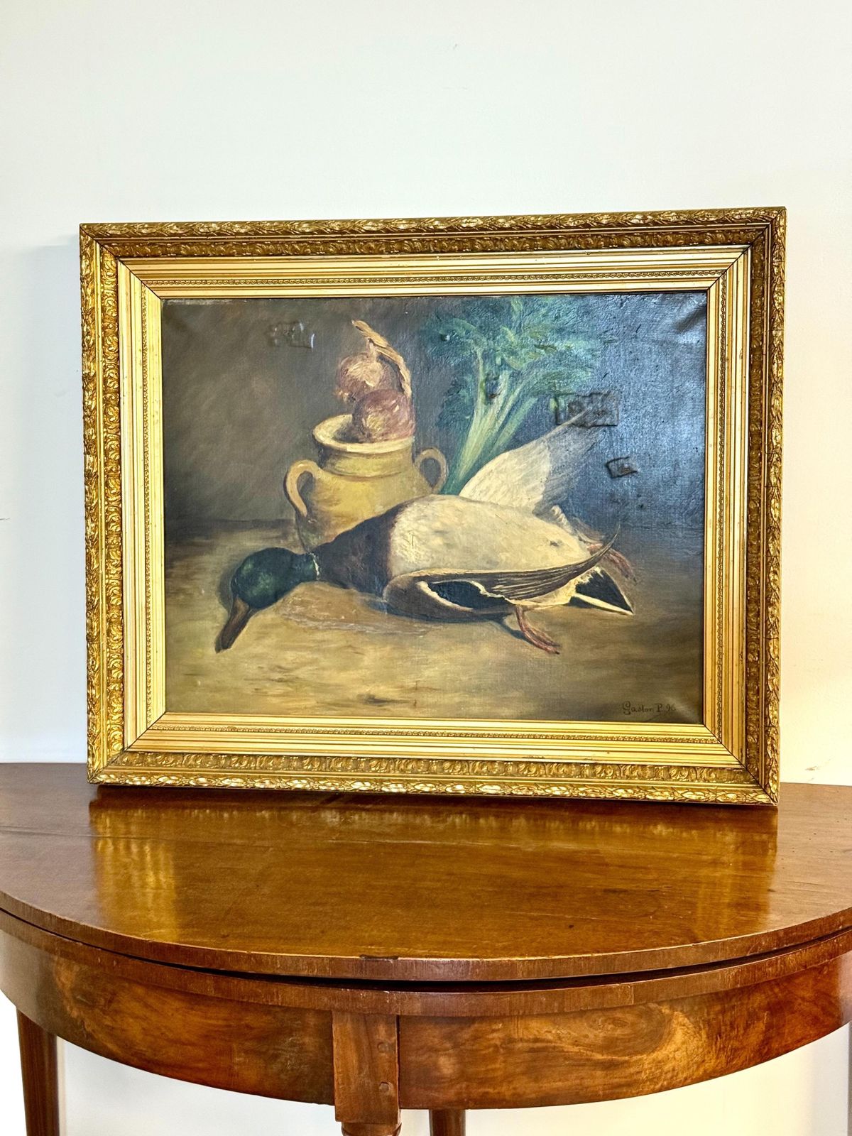French 19th Century Still Life With Mallard, Vegetables & Earthenware photo vintage