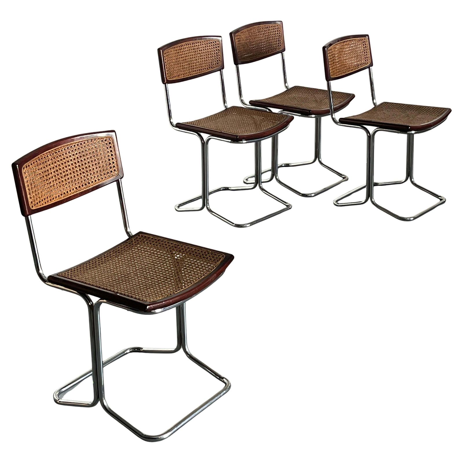 1 Of 4 Vintage 'Calla' Chairs In Wood, Wickered Cane And Chrome, 1970s Italy