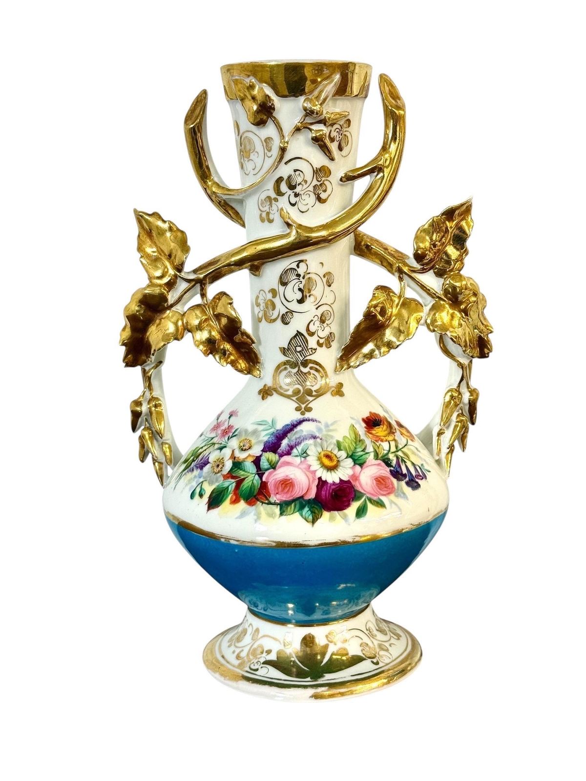 Pair Of 19th C. Paris Porcelain Vases With Gilt Handles And Floral Painting photo Home Decor