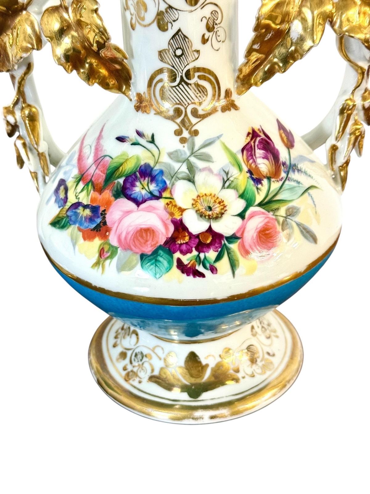 photo for sale Pair Of 19th C. Paris Porcelain Vases With Gilt Handles And Floral Painting