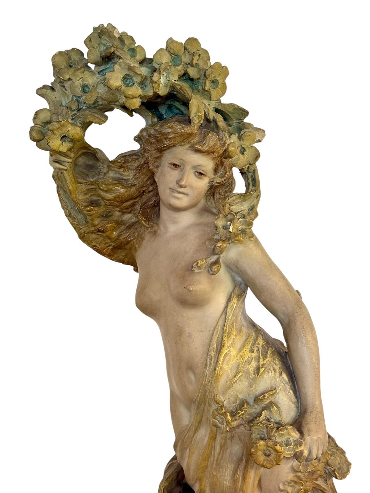 Large French Art Nouveau Polychrome Plaster Statue Of A Floral Maiden, C.1900 photo 2851.0