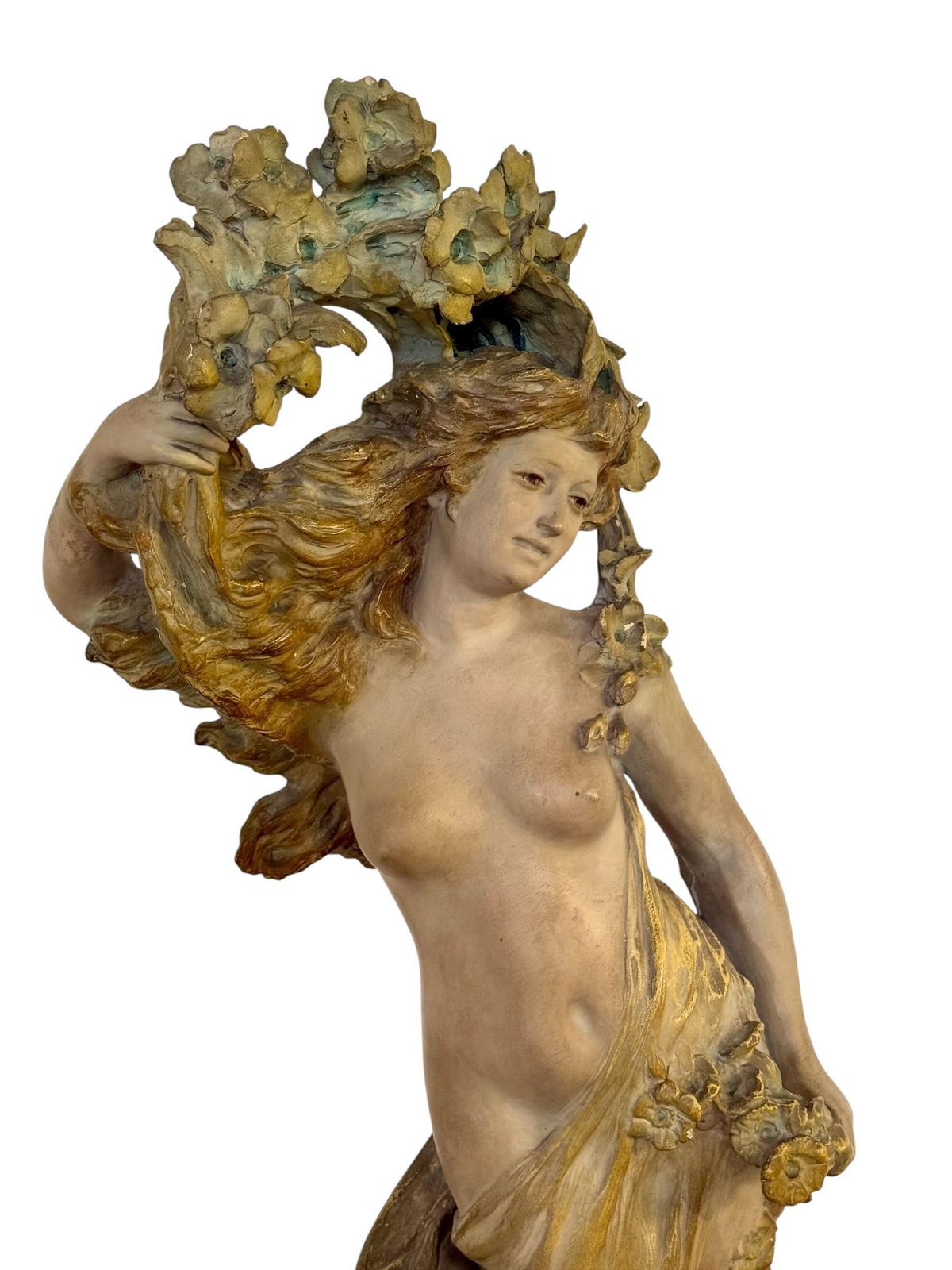 photo for sale Large French Art Nouveau Polychrome Plaster Statue Of A Floral Maiden, C.1900