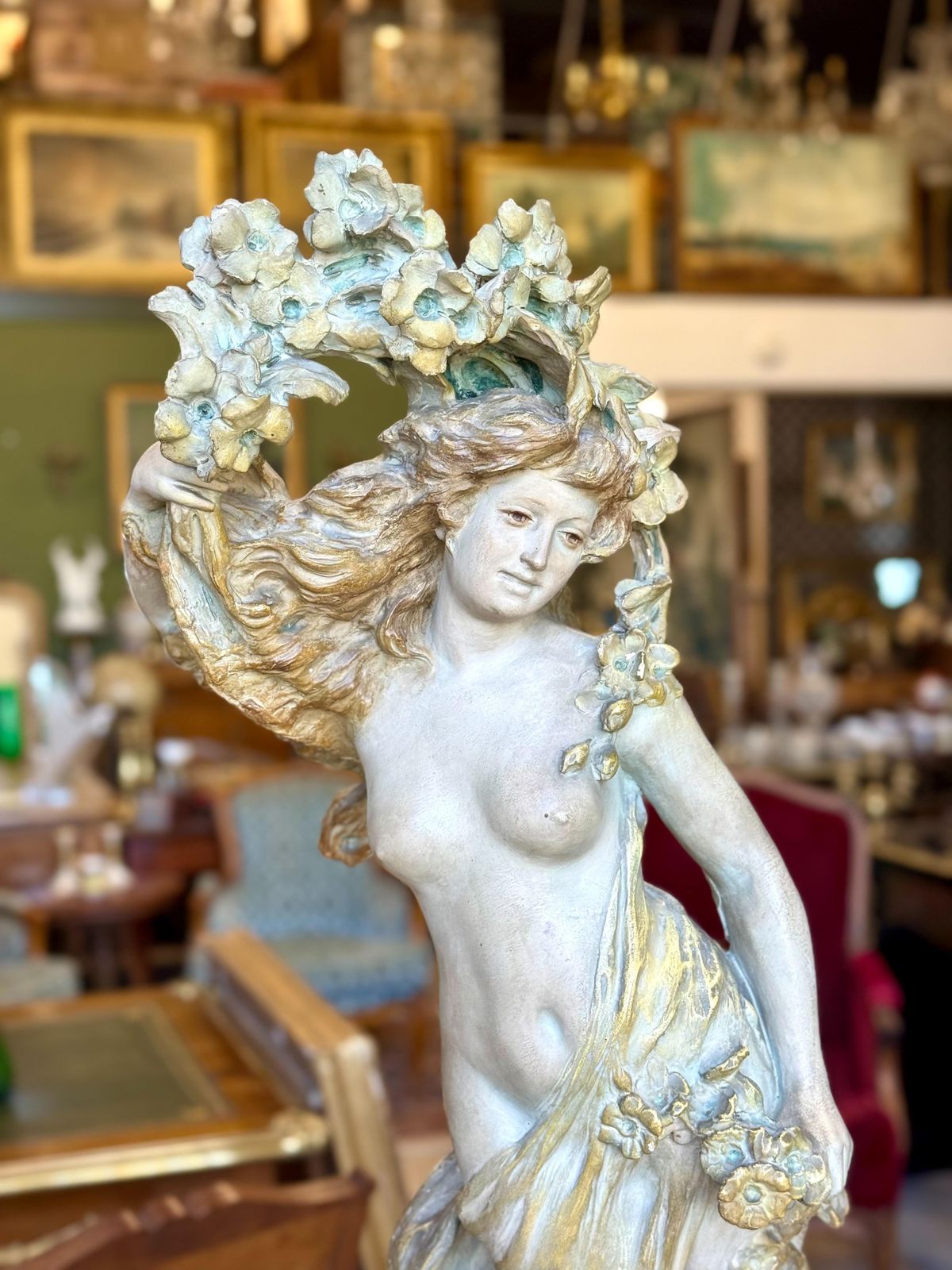 photo vinterior Large French Art Nouveau Polychrome Plaster Statue Of A Floral Maiden, C.1900