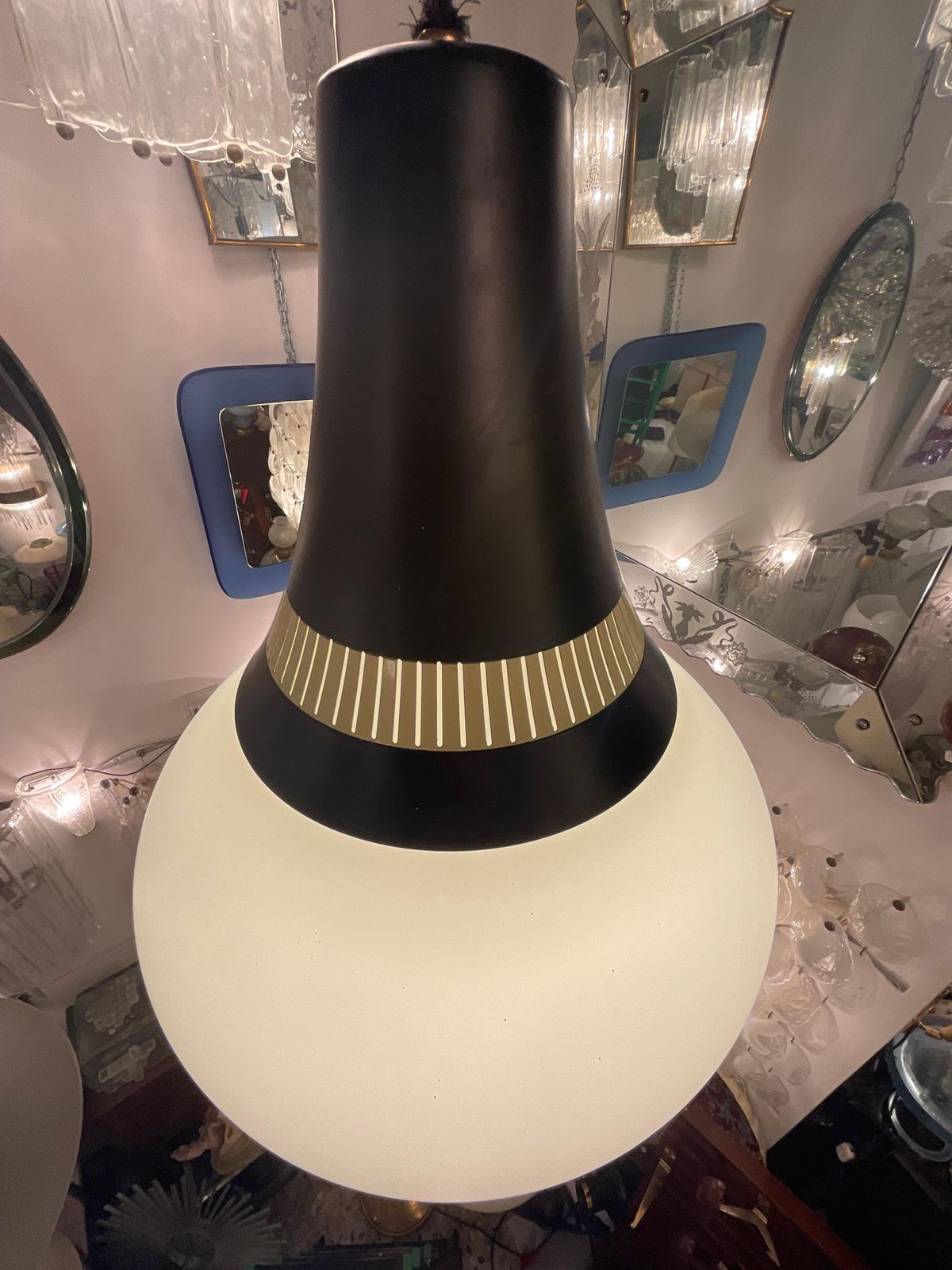 photo for sale Stilnovo   60's Chandelier   3 Stratus Opaline Glass   Made In Itali