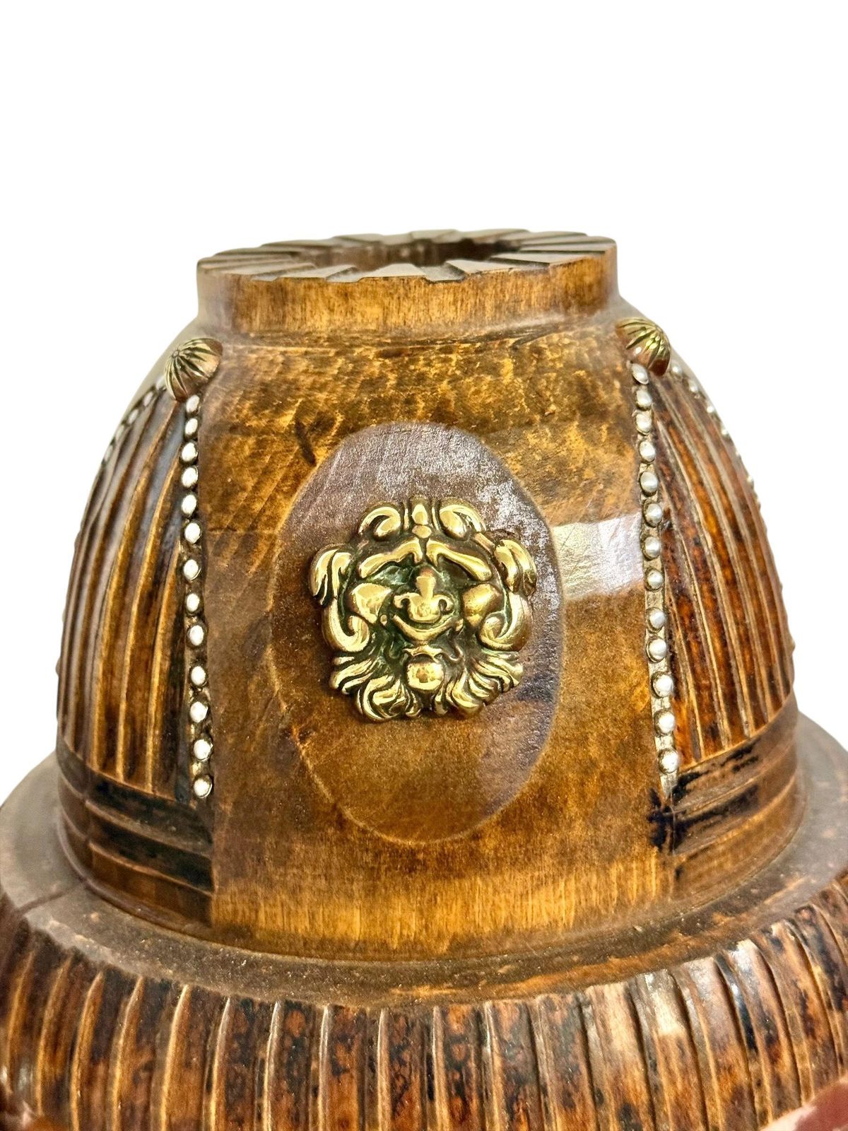 Pair Of 19th Century French Folk Art Torchères With Gilt Brass Lion Heads photo for sale